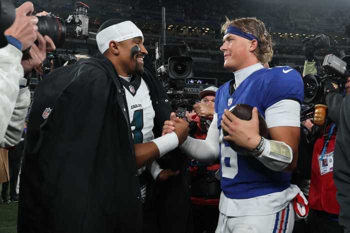 Jaxson Dart Jalen Hurts Giants Eagles