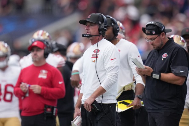 San Francisco 49ers head coach Kyle Shanahan watches from the sidelines during the second half of an NFL football game against the Houston Texans Sunday, Oct. 26, 2025, in Houston. (AP Photo/Eric Gay)