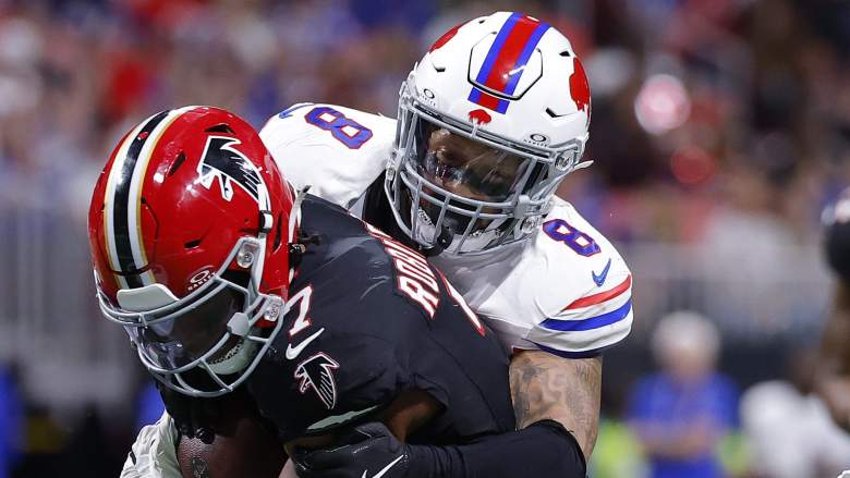 Buffalo Bills linebacker, Terrel Bernard, tackling Bijan Robinson of the Atlanta Falcons in the first quarter of the game on October 13, 2025.