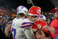 Buffalo Bills quarterback Josh Allen, left, and Kansas City Chiefs quarterback Patrick...