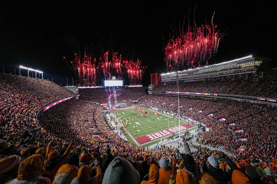 Fireworks erupt as the Ohio State Buckeyes take the field prior to the College Football Playoff first round game against the Tennessee Volunteers at Ohio Stadium in Columbus on Dec. 21, 2024.