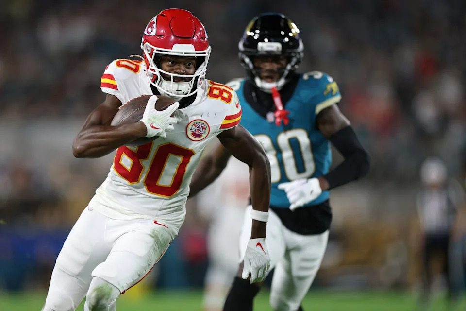 Oct 6, 2025; Jacksonville, Florida, USA; Kansas City Chiefs wide receiver Tyquan Thornton (80) runs after a catch during the first half against the Jacksonville Jaguars at EverBank Stadium. Mandatory Credit: Nathan Ray Seebeck-Imagn Images