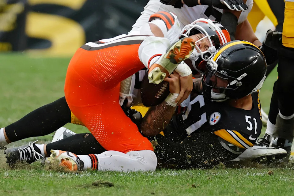 PITTSBURGH, PENNSYLVANIA - OCTOBER 12: Dillon Gabriel #8 of the Cleveland Browns is sacked by Nick Herbig #51 of the Pittsburgh Steelers during the fourth quarter in the game at Acrisure Stadium on October 12, 2025 in Pittsburgh, Pennsylvania. (Photo by Justin K. Aller/Getty Images)