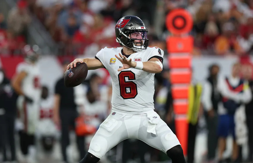 Oct 12, 2025; Tampa, Florida, USA; Tampa Bay Buccaneers quarterback Baker Mayfield (6) throws downfield during the fourth quarter against the San Francisco 49ers at Raymond James Stadium. Credit: Nathan Ray Seebeck-Imagn Images