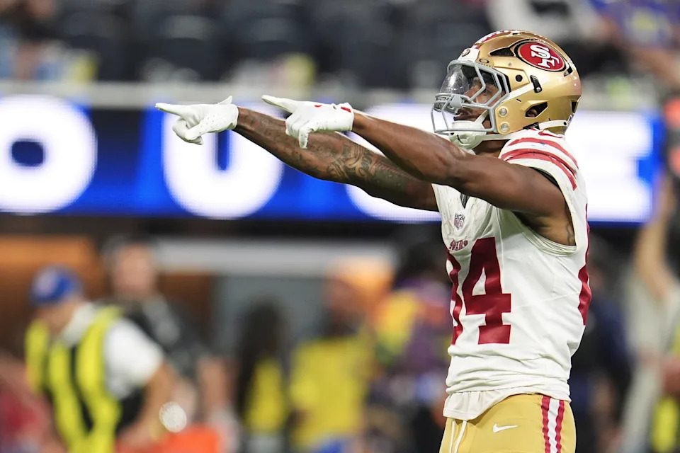 San Francisco 49ers wide receiver Kendrick Bourne (84) gestures after a catch for a first down against the Los Angeles Rams during the second half of an NFL football game, Thursday, Oct. 2, 2025, in Inglewood, Calif. (AP Photo/Marcio Jose Sanchez)