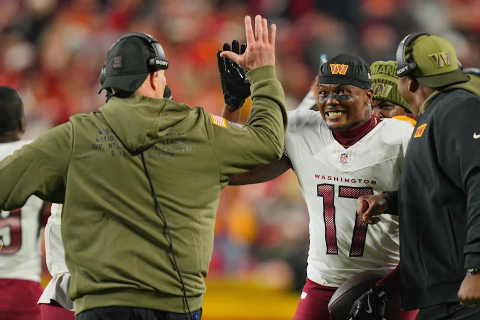 Washington Commanders wide receiver Terry McLaurin celebrates after a touchdown against the Kansas City Chiefs.