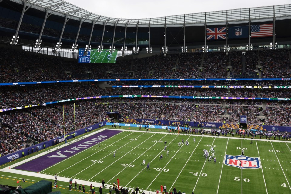 An NFL game between the Minnesota Vikings and New York Jets at Tottenham Hotspur Stadium, London.
