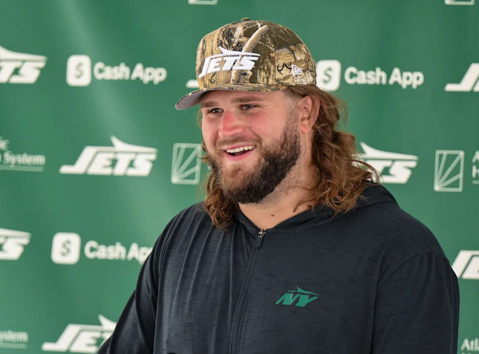 Jul 23, 2025; Florham Park, NY, USA; New York Jets center Joe Tippmann (66) speaks at a press conference during training camp at Atlantic Health Jets Training Center. Mandatory Credit: John Jones-Imagn Images
