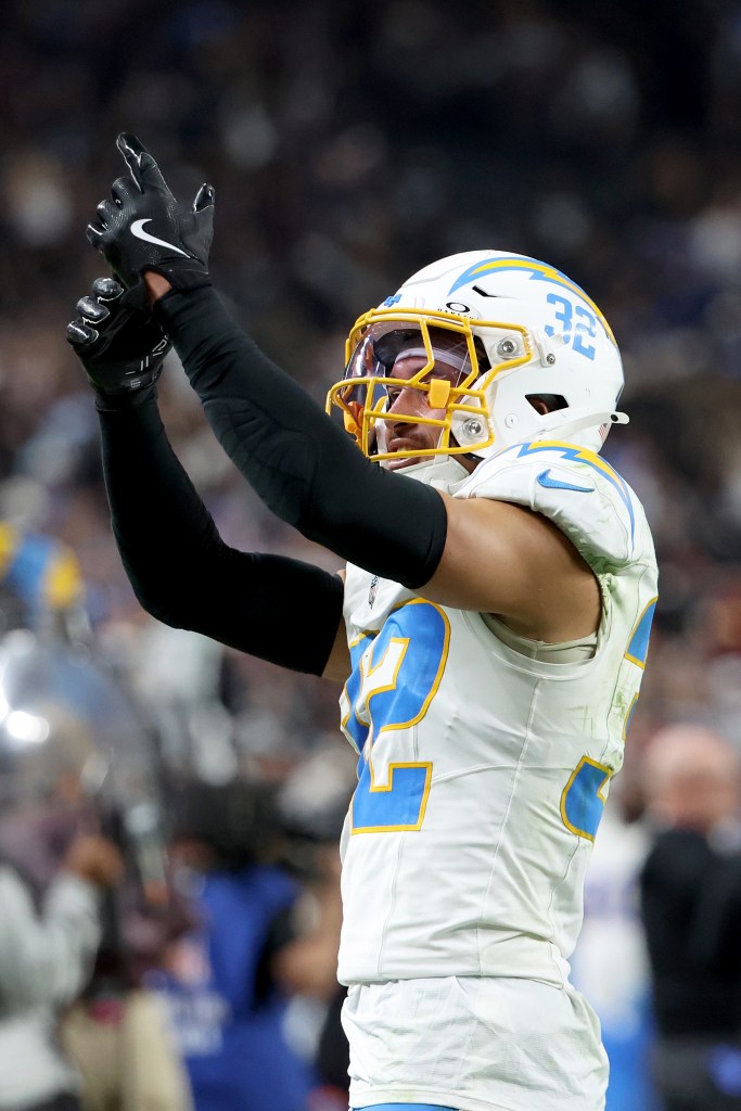 Alohi Gilman #32 of the Los Angeles Chargers reacts while playing against the Las Vegas Raiders at Allegiant Stadium on September 15, 2025 in Las Vegas, Nevada. 