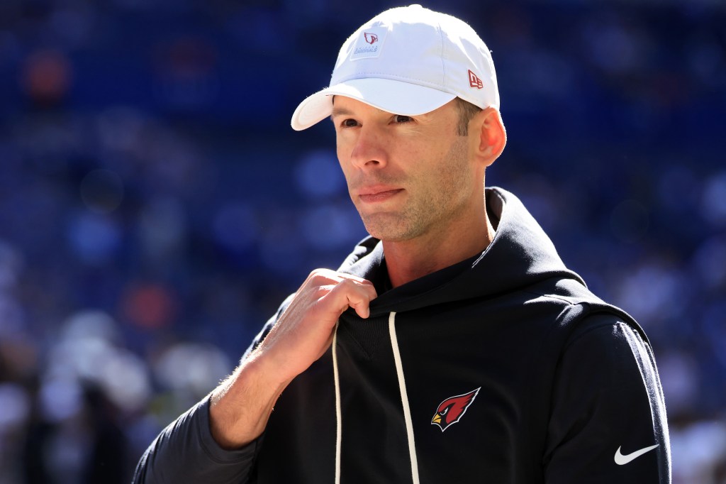  Head coach Jonathan Gannon of the Arizona Cardinals looks on against the Indianapolis Colts before the game at Lucas Oil Stadium on October 12, 2025 in Indianapolis, Indiana. 