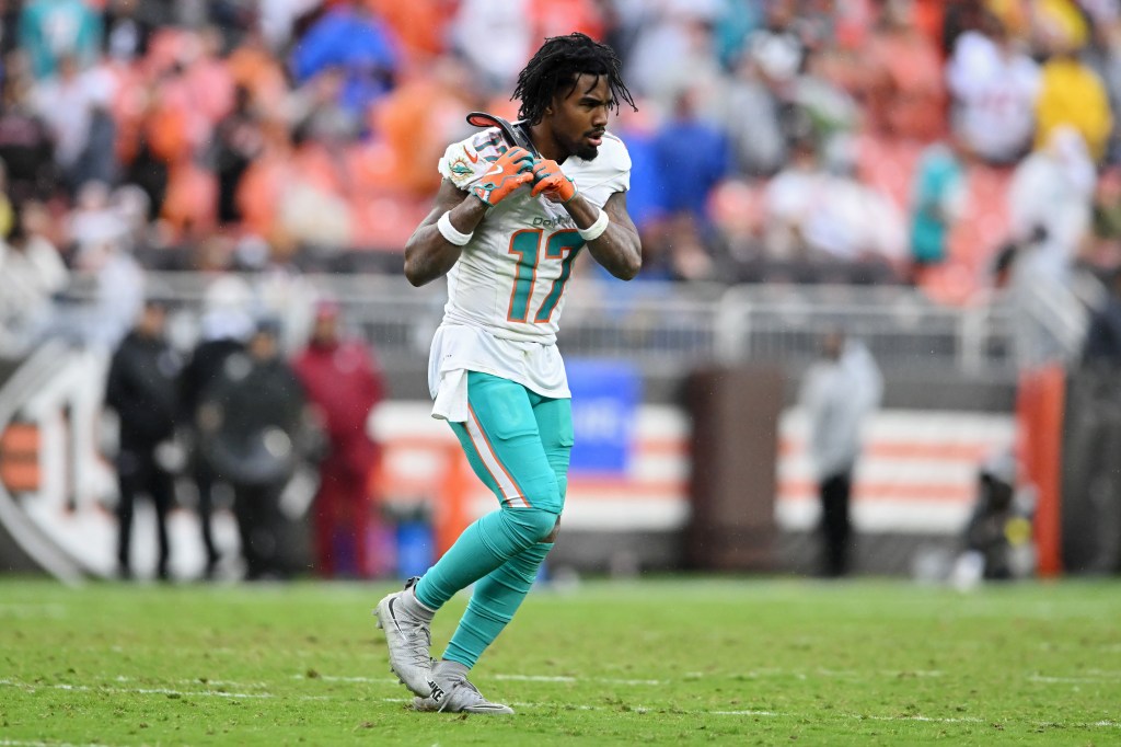Jaylen Waddle #17 of the Miami Dolphins runs off the field during the fourth quarter of the game against the Cleveland Browns at Huntington Bank Field on October 19, 2025 in Cleveland, Ohio. 