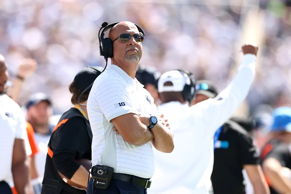 PASADENA, CALIFORNIA - OCTOBER 04: Head coach James Franklin of the Penn State Nittany Lions looks on against the UCLA Bruins during the second quarter at Rose Bowl Stadium on October 04, 2025 in Pasadena, California. (Photo by Luke Hales/Getty Images)