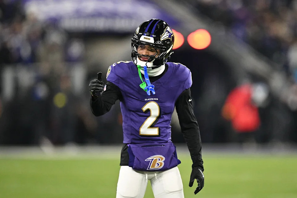 Jan 11, 2025; Baltimore, Maryland, USA; Baltimore Ravens cornerback Nate Wiggins (2) reacts in the first quarter against the Pittsburgh Steelers in an AFC wild card game at M&T Bank Stadium. Mandatory Credit: Tommy Gilligan-Imagn Images