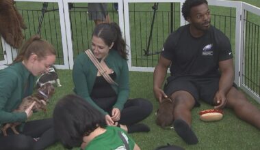 Philadelphia Eagles host puppy yoga event to spotlight cancer awareness