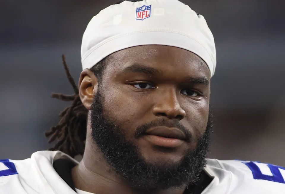 Aug 26, 2023; Arlington, Texas, USA; Dallas Cowboys defensive tackle Mazi Smith (58) on the sidelines during the game against the Las Vegas Raiders at AT&T Stadium. Mandatory Credit: Tim Heitman-USA TODAY Sports