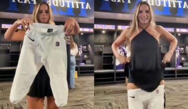 Baltimore Ravens Star’s Fiancée Goes Viral For Lifting Up Her Dress Trying to Squeeze into His Tight Uniform in Hilarious Locker Room Stunt [VIDEO]