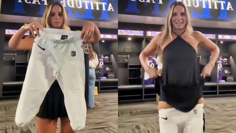 Baltimore Ravens Star’s Fiancée Goes Viral For Lifting Up Her Dress Trying to Squeeze into His Tight Uniform in Hilarious Locker Room Stunt [VIDEO]