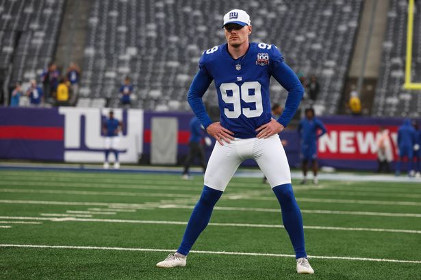 EAST RUTHERFORD, NJ - AUGUST 08: Jude McAtamney #99 of the New York Giants warms up prior to an NFL football game against the Detroit Lions at MetLife Stadium on August 8, 2024 in East Rutherford, NJ. (Photo by Perry Knotts/Getty Images)