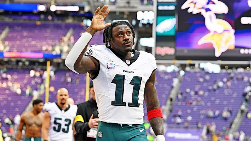 Oct 19, 2025; Minneapolis, Minnesota, USA; Philadelphia Eagles wide receiver A.J. Brown (11) celebrates after the win against the Minnesota Vikings at U.S. Bank Stadium. Mandatory Credit: Jeffrey Becker-Imagn Images