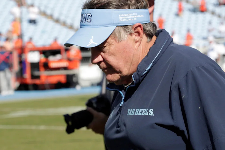 North Carolina head coach Bill Belichick walks off the field after losing to Clemson in an NCAA college football game, Saturday, Oct. 4, 2025, in Chapel Hill, N.C. (AP Photo/Chris Seward)
