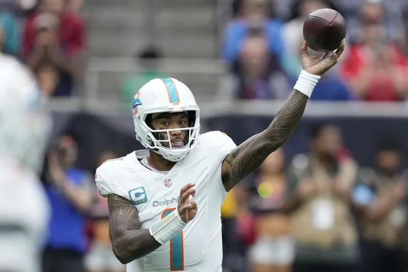 Miami Dolphins quarterback Tua Tagovailoa has a 2-1 record against Los Angeles Chargers quarterback Justin Herbert. File Photo by Kevin M. Cox/UPI