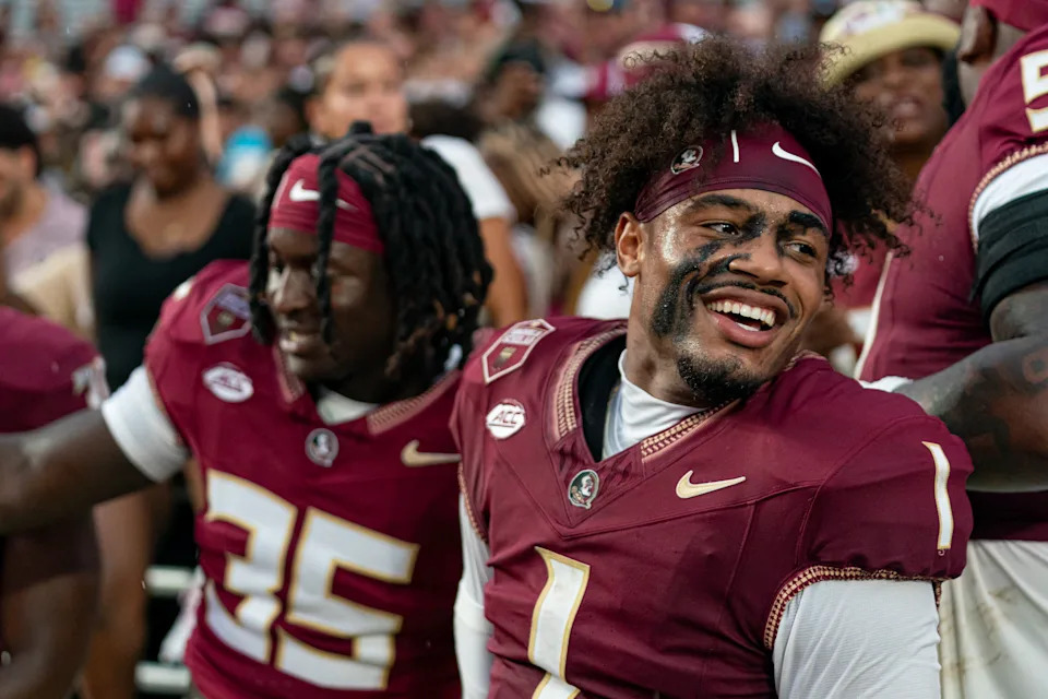 TALLAHASSEE, FL - AUGUST 30: Florida State Seminoles quarterback Tommy Castellanos (1) smiles after a 31-17 win after a college football game between the Alabama Crimson Tide and the Florida State Seminoles on August 30th, 2025 at Doak Campbell Stadium in Tallahassee, FL. (Photo by Chris Leduc/Icon Sportswire via Getty Images)