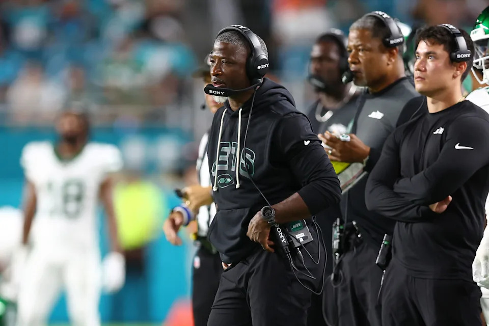 MIAMI GARDENS, FLORIDA - SEPTEMBER 29: Head coach Aaron Glenn of the New York Jets watches action during the first quarter of a game against the Miami Dolphins at Hard Rock Stadium on September 29, 2025 in Miami Gardens, Florida. (Photo by Megan Briggs/Getty Images)
