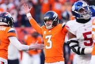 Denver Broncos kicker Wil Lutz (3) celebrates after kicking the game winning field goal...