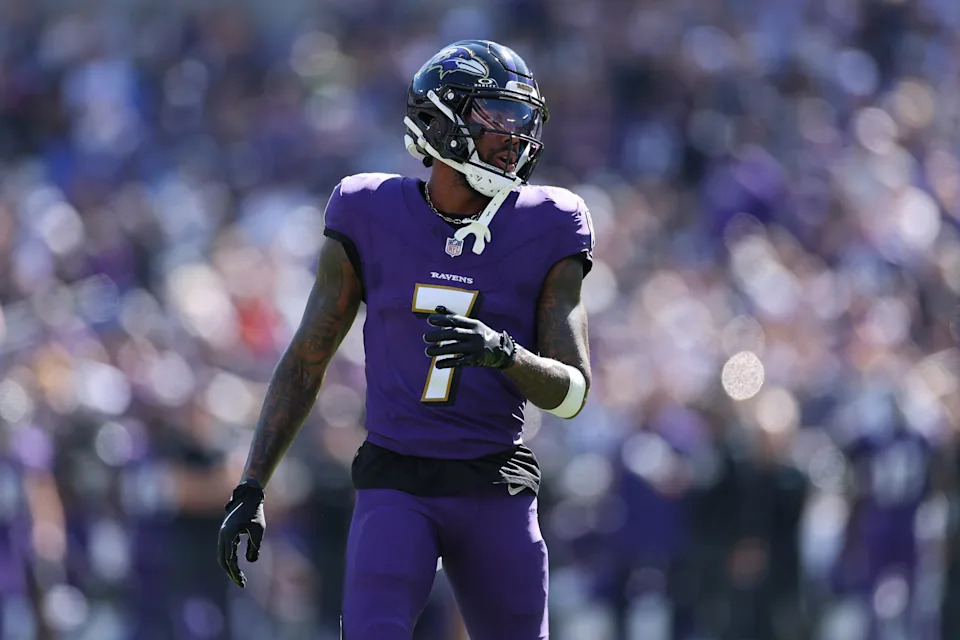BALTIMORE, MARYLAND - OCTOBER 05: Rashod Bateman #7 of the Baltimore Ravens in action against the Houston Texans during the NFL 2025 game between Houston Texans and Baltimore Ravens at M&T Bank Stadium on October 05, 2025 in Baltimore, Maryland. (Photo by Patrick Smith/Getty Images)