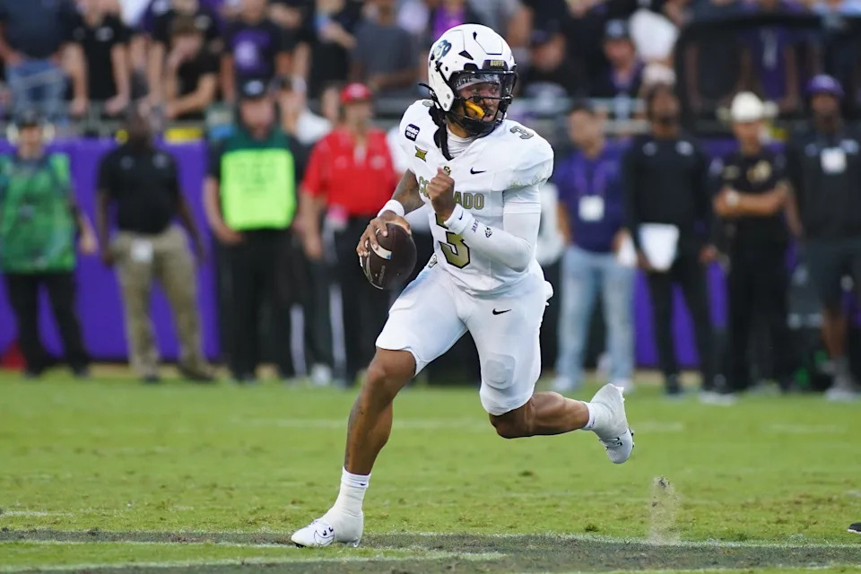 Oct 4, 2025; Fort Worth, Texas, USA; Colorado Buffaloes quarterback Kaidon Salter (3) rolls out against the TCU Horned Frogs during the first half at Amon G. Carter Stadium. Mandatory Credit: Raymond Carlin III-Imagn Images