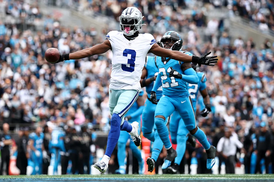 CHARLOTTE, NORTH CAROLINA - OCTOBER 12: George Pickens #3 of the Dallas Cowboys runs for a touchdown during the third quarter against the Carolina Panthers in the game at Bank of America Stadium on October 12, 2025 in Charlotte, North Carolina. (Photo by Jared C. Tilton/Getty Images)