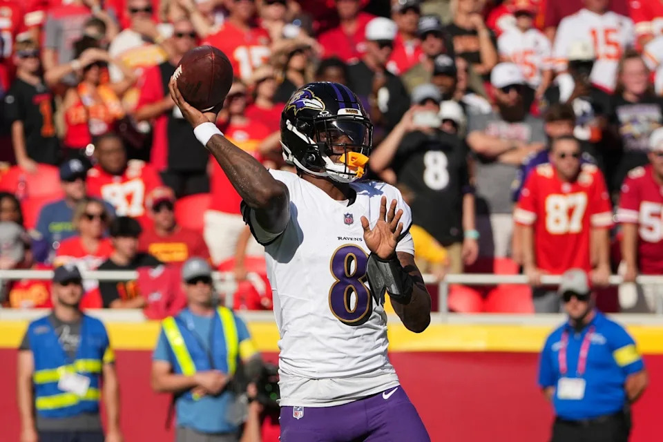 Sep 28, 2025; Kansas City, Missouri, USA; Baltimore Ravens quarterback Lamar Jackson (8) throws a pass during the second quarter against the Kansas City Chiefs at GEHA Field at Arrowhead Stadium. Mandatory Credit: Denny Medley-Imagn Images