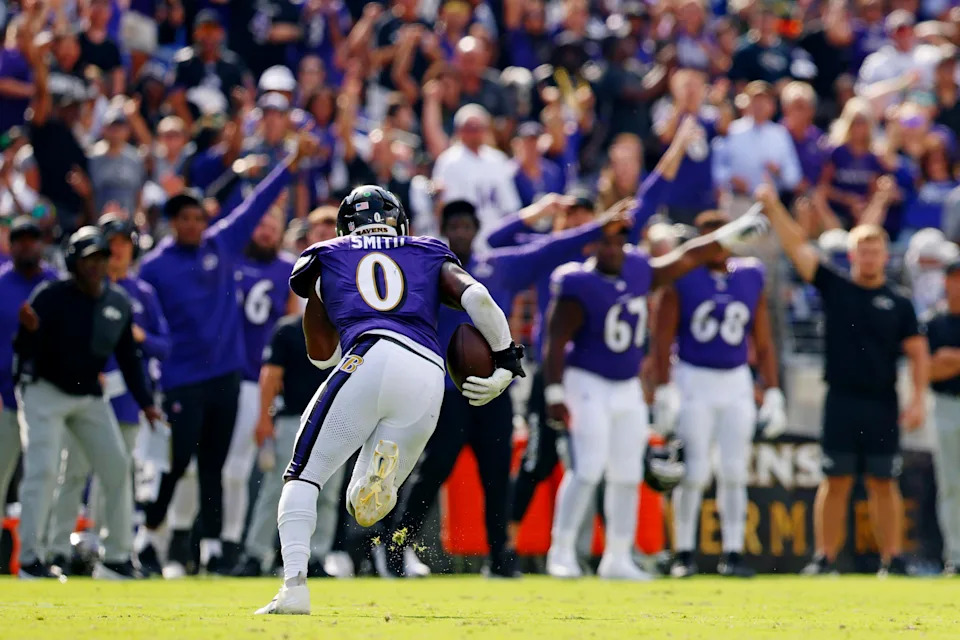 Sep 14, 2025; Baltimore, Maryland, USA; Baltimore Ravens linebacker Roquan Smith (0) runs a fumble recovery for a touchdown during the second half against the Cleveland Browns at M&T Bank Stadium. Mandatory Credit: Peter Casey-Imagn Images