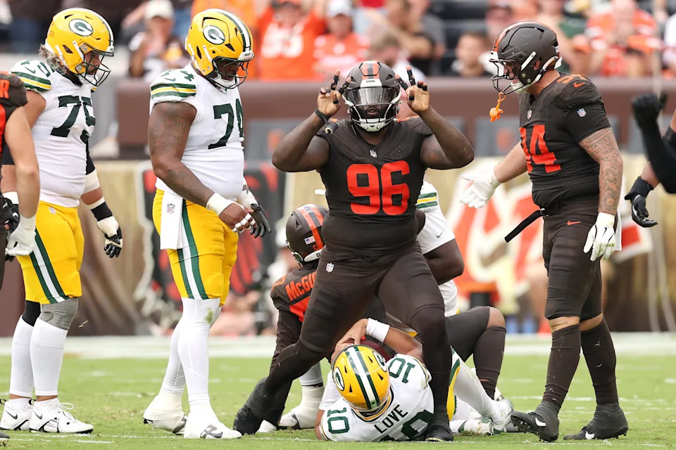 CLEVELAND, OHIO - SEPTEMBER 21: Maliek Collins #96 of the Cleveland Browns celebrates after a sack against Jordan Love #10 of the Green Bay Packers during the third quarter at Huntington Bank Field on September 21, 2025 in Cleveland, Ohio. (Photo by Gregory Shamus/Getty Images)