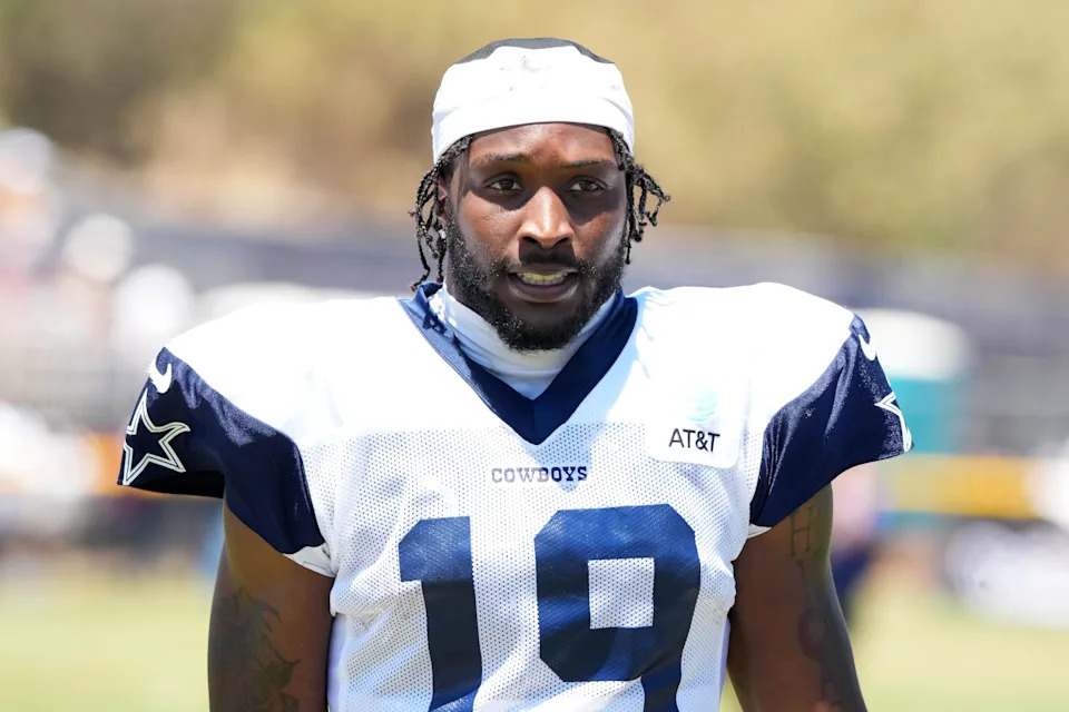 Jul 27, 2025; Oxnard, CA, USA; Dallas Cowboys wide receiver Ryan Flournoy (19) at training camp at the River Ridge Fields. Mandatory Credit: Kirby Lee-Imagn Images