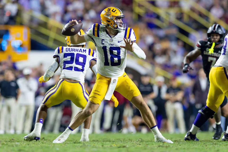 Oct 11, 2025; Baton Rouge, Louisiana, USA; LSU Tigers quarterback Garrett Nussmeier (18) passes against the South Carolina Gamecocks during the second half at Tiger Stadium. Mandatory Credit: Stephen Lew-Imagn Images