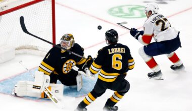 Panthers center Eetu Luostarinen (No. 27) scores a goal past Bruins goaltender Jeremy Swayman (1) as defenseman Mason Lohrei (6) looks on during the third period of a 4-3 loss to the Panthers Tuesday night at TD Garden.