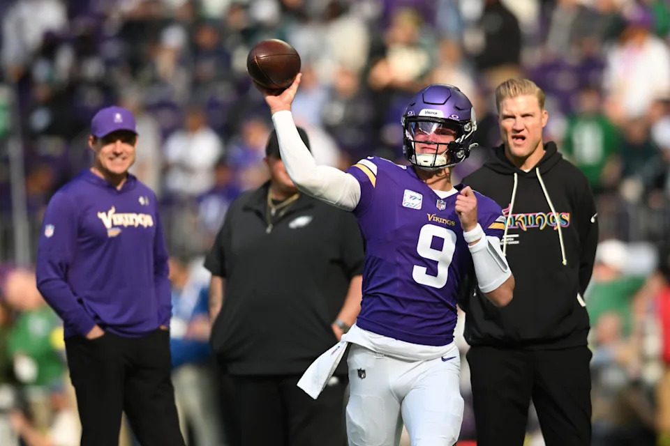 Oct 19, 2025; Minneapolis, Minnesota, USA; Minnesota Vikings quarterback J.J. McCarthy (9) throws a pass during warm ups before the game against the Philadelphia Eagles at U.S. Bank Stadium. Mandatory Credit: Jeffrey Becker-Imagn Images