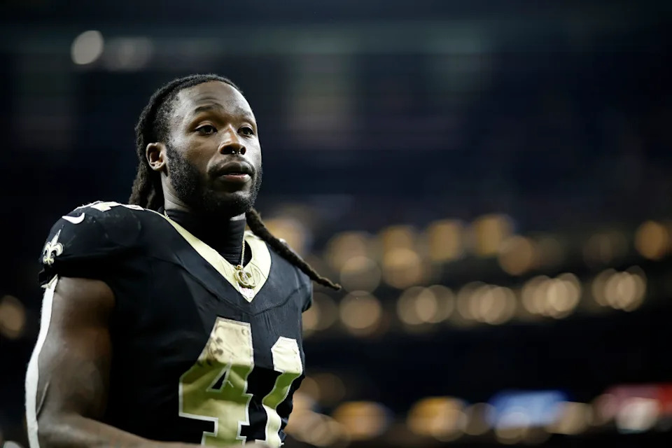 NEW ORLEANS, LOUISIANA - OCTOBER 13: Alvin Kamara #41 of the New Orleans Saints looks on after playing the Tampa Bay Buccaneers at Caesars Superdome on October 13, 2024 in New Orleans, Louisiana. (Photo by Chris Graythen/Getty Images)Chris Graythen&sol;Getty Images