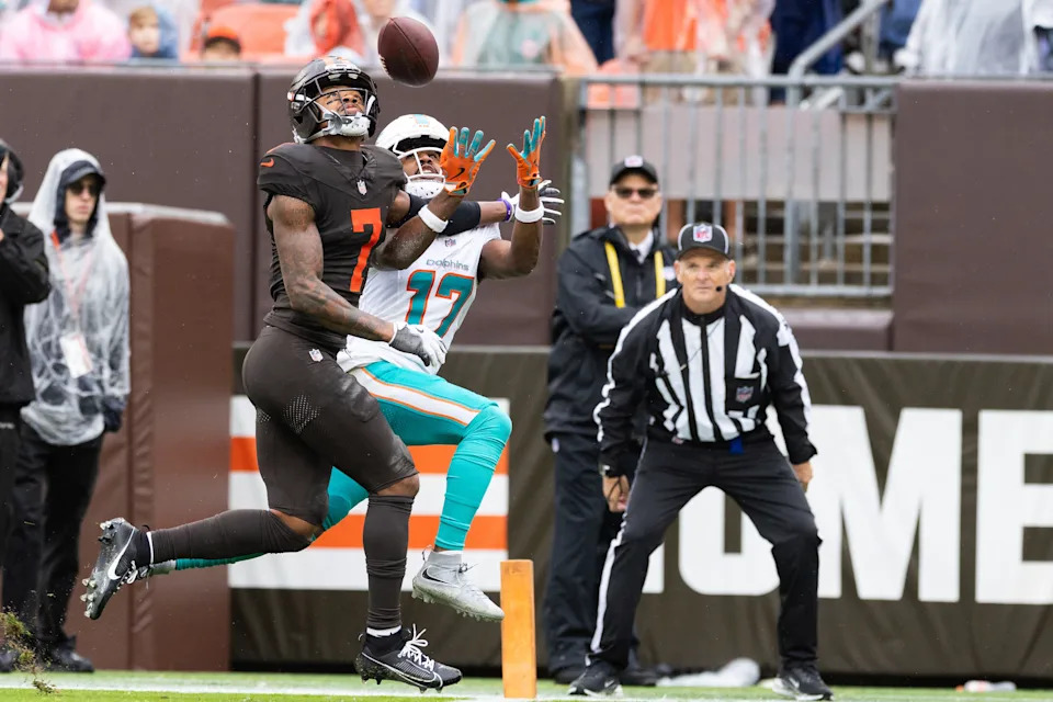 Oct 19, 2025; Cleveland, Ohio, USA; Cleveland Browns cornerback Tyson Campbell (7) breaks up a pass intended for Miami Dolphins wide receiver Jaylen Waddle (17) during the second quarter at Huntington Bank Field. Mandatory Credit: Scott Galvin-Imagn Images