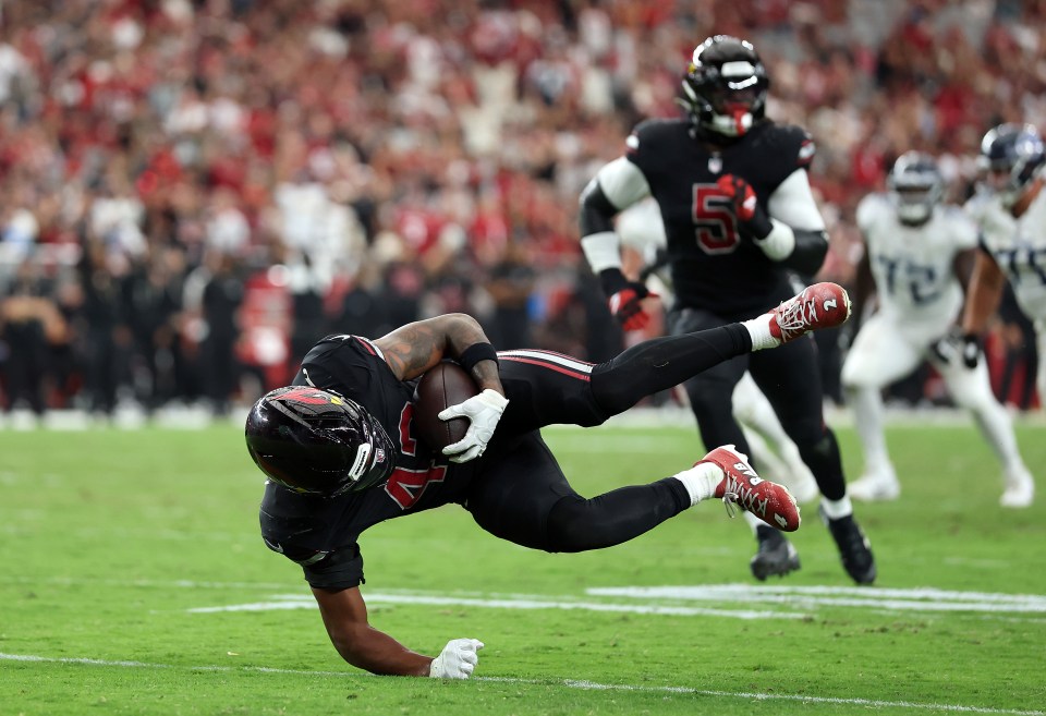 Dadrion Taylor-Demerson #42 of the Arizona Cardinals makes an interception against the Tennessee Titans.
