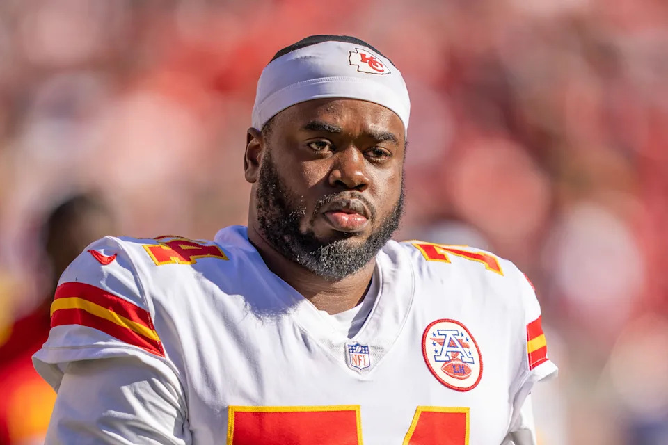 October 23, 2022; Santa Clara, California, USA; Kansas City Chiefs offensive tackle Geron Christian (74) during halftime against the San Francisco 49ers at Levi's Stadium. Mandatory Credit: Kyle Terada-USA TODAY Sports