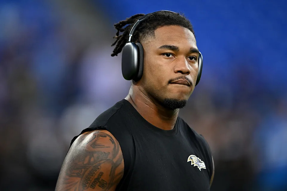 BALTIMORE, MARYLAND - SEPTEMBER 22: Mike Green #45 of the Baltimore Ravens looks on before the game against the Detroit Lions at M&T Bank Stadium on September 22, 2025 in Baltimore, Maryland. (Photo by Greg Fiume/Getty Images)
