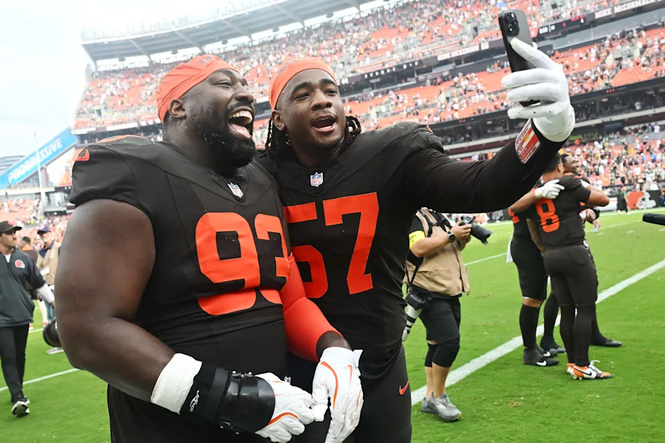 Sep 21, 2025; Cleveland, Ohio, USA; 
Cleveland Browns defensive tackle Shelby Harris (93) and defensive end Isaiah McGuire (57) celebrate after the Browns beat the Green Bay Packers at Huntington Bank Field. Mandatory Credit: Ken Blaze-Imagn Images