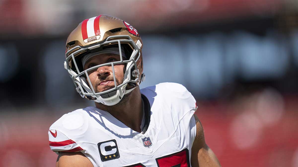 San Francisco 49ers defensive end Nick Bosa (97) on the field during warm ups prior to a game against the Arizona Cardinals during the first half at Levi's Stadium.