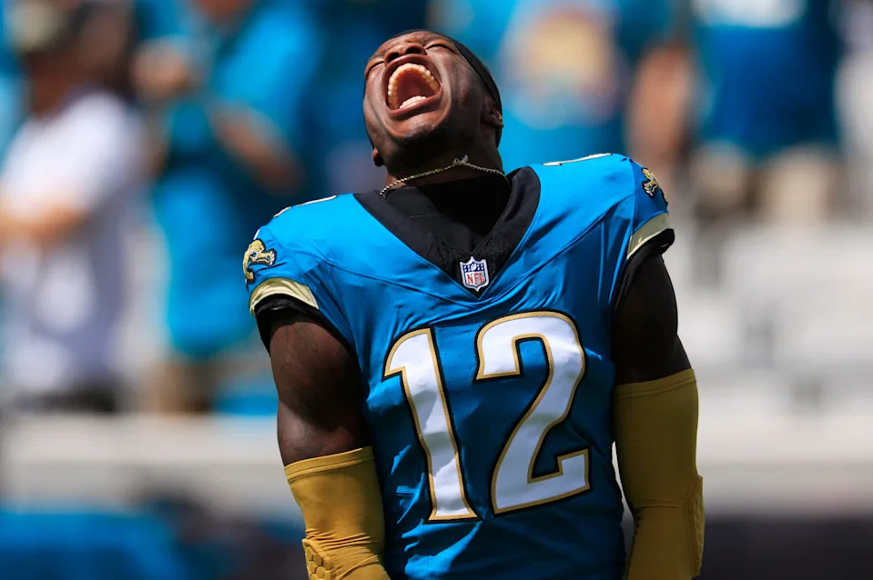 Jacksonville Jaguars wide receiver Travis Hunter (12) yells as his is introduced before an NFL football matchup at EverBank Stadium, Sunday, Sept. 21, 2025, in Jacksonville, Fla. The Jaguars defeated the Texans 17-10.