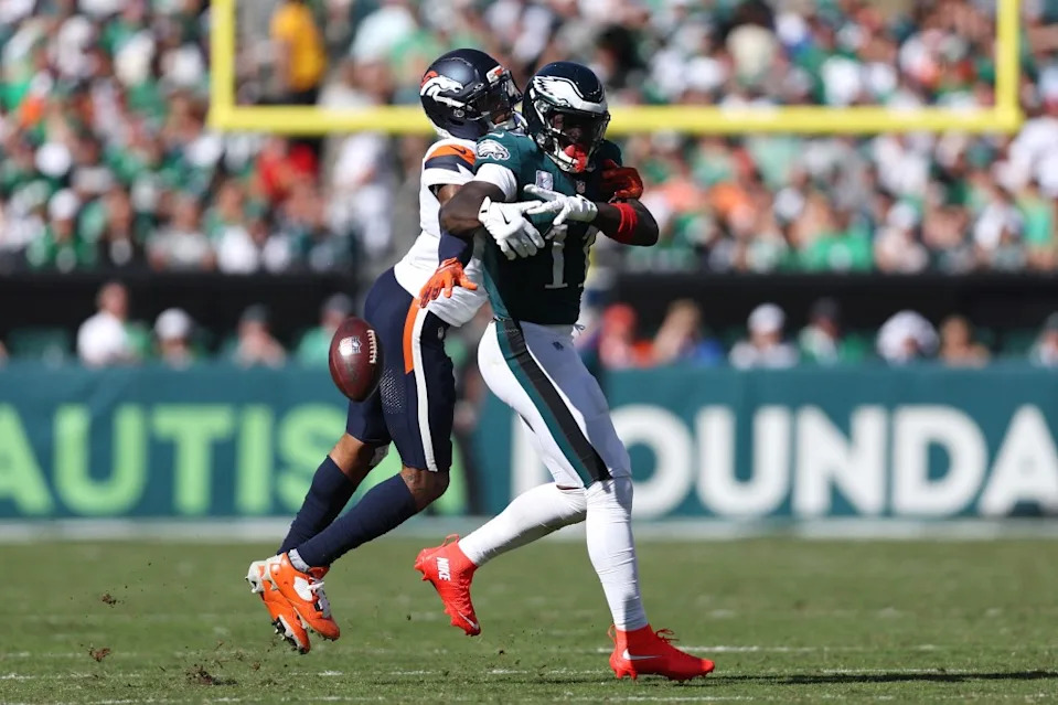Denver Broncos cornerback Pat Surtain II (2) breaks up a pass against Philadelphia Eagles wide receiver A.J. Brown (11) in the second half. IMAGN IMAGES via Reuters Connect
