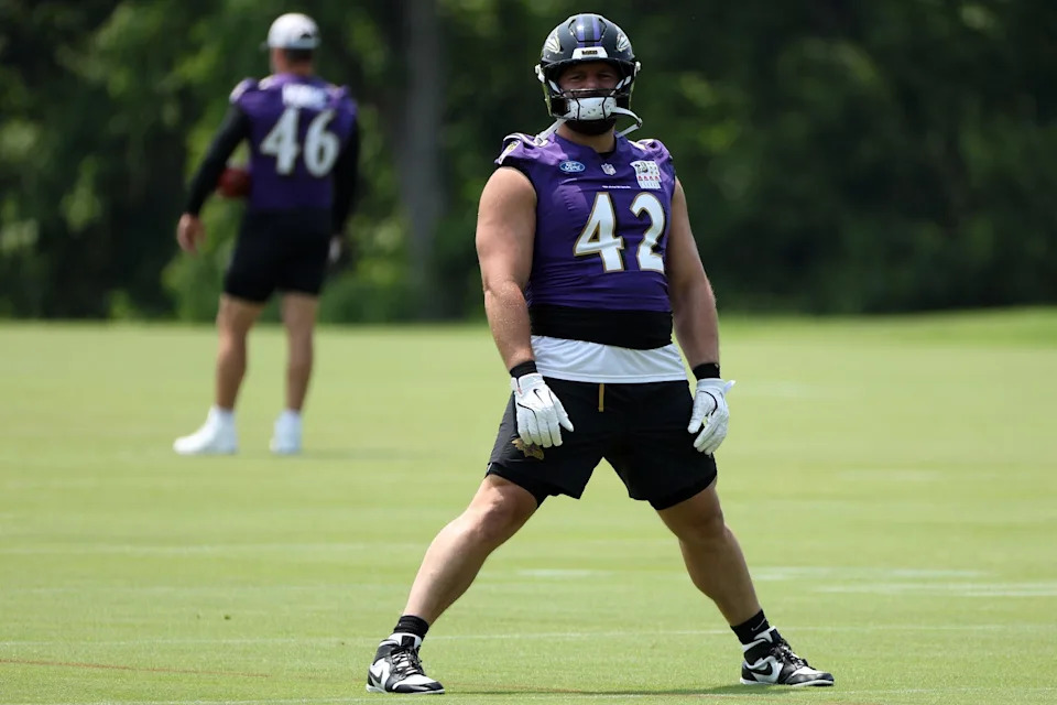 Jun 11, 2025; Baltimore, MD, USA; Baltimore Ravens fullback Patrick Ricard (42) looks on during an NFL OTA at Under Armour Performance Center. Mandatory Credit: Daniel Kucin Jr.-Imagn Images