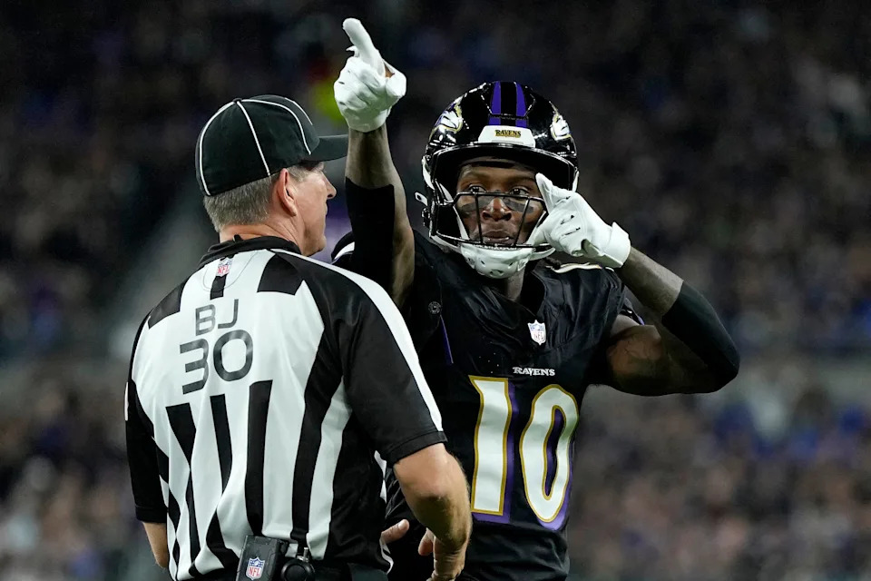 BALTIMORE, MARYLAND - SEPTEMBER 22: Deandre Hopkins #10 of the Baltimore Ravens reacts against the Detroit Lions during the second quarter at M&T Bank Stadium on September 22, 2025 in Baltimore, Maryland. (Photo by Jess Rapfogel/Getty Images)