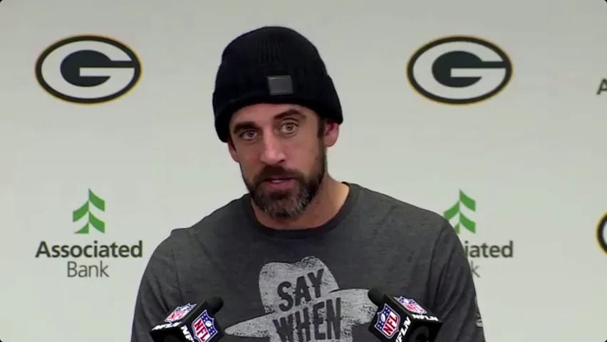 Green Bay Packers quarterback Aaron Rodgers talks to media after the team's victory over Washington on Oct. 24, 2021.
